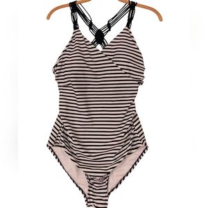 Kona Sol White and Black Striped One-Piece Swimsuit with Macramé Back